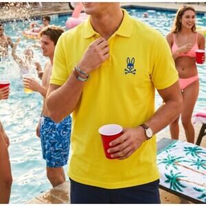 Psycho Bunny Men’s Small Yellow Pique Polo Shirt Blue Embroidered Logo EUC